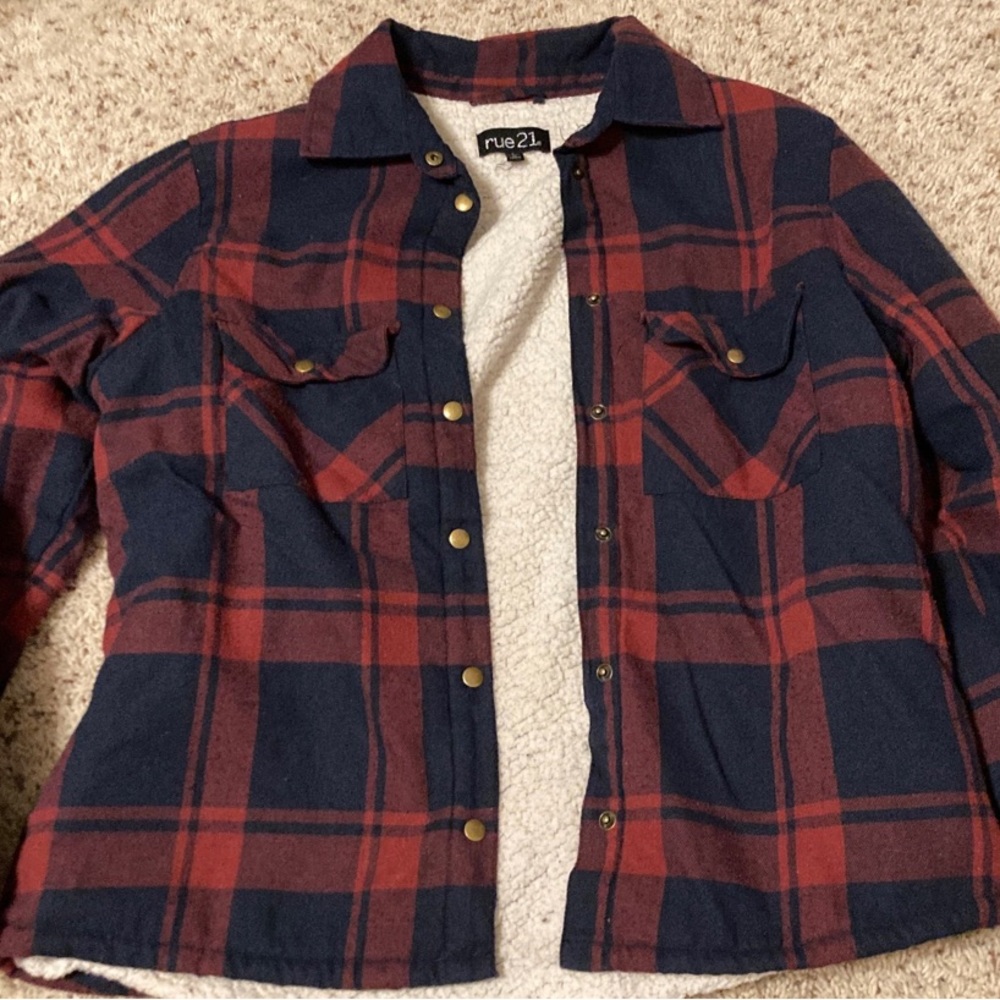 Rue 21 navy and red sherpa flannel